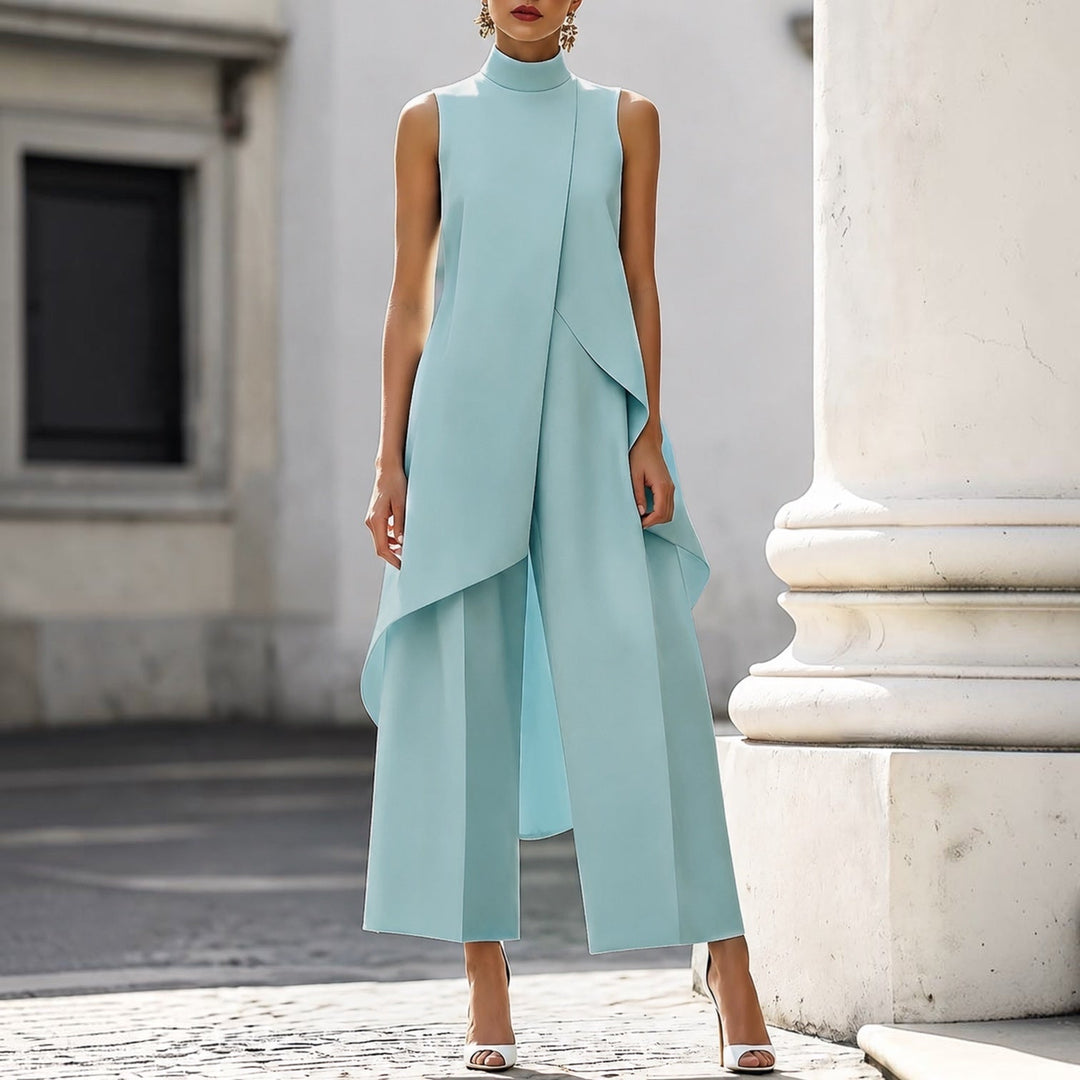 ALGHERO - Tuta elegante con top drappeggiato a collo alto, colore azzurro