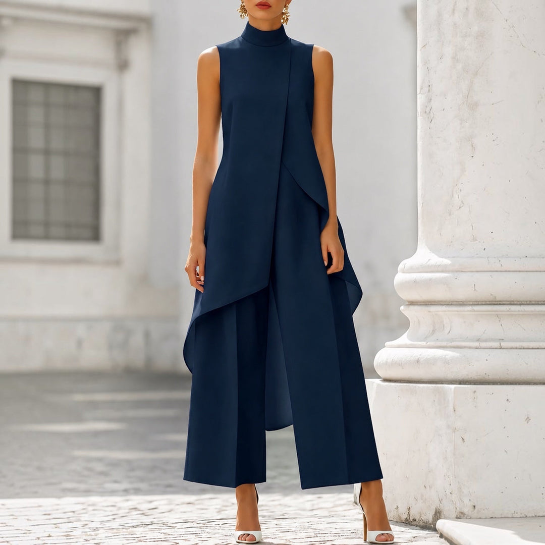 ALGHERO - Tuta elegante con top drappeggiato a collo alto, colore blu navy