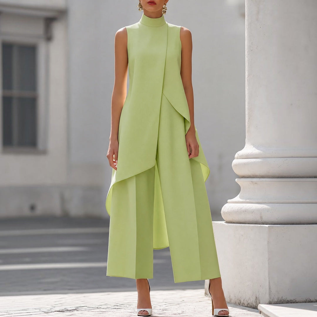 ALGHERO - Tuta elegante con top drappeggiato a collo alto, colore verde salvia