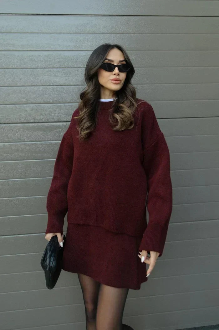 BORMIO - Completo in maglia con maglione e gonna, colore bordeaux