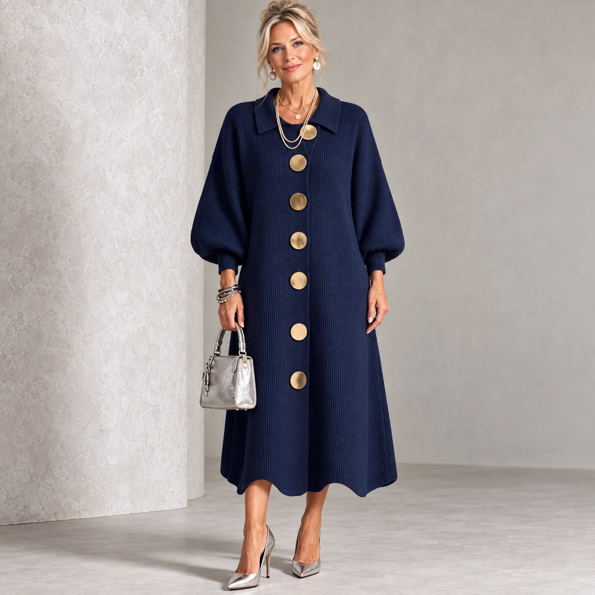 SPOLETO - Abito midi con bottoni dorati e maniche a palloncino, colore Blu Navy
