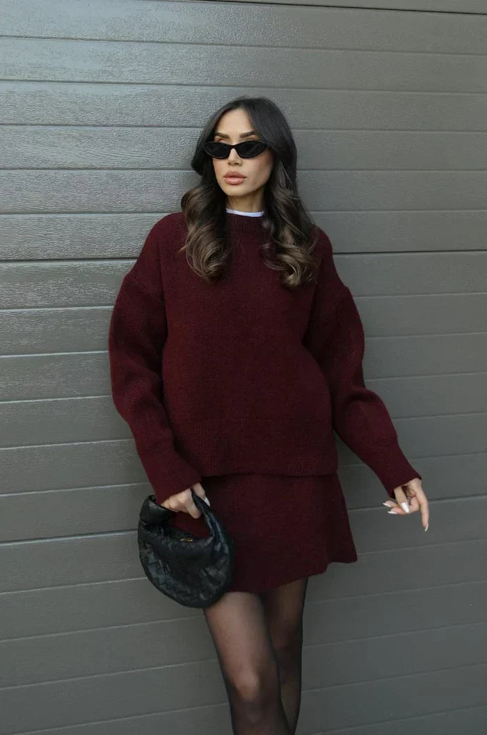 BORMIO - Completo in maglia con maglione e gonna, colore bordeaux