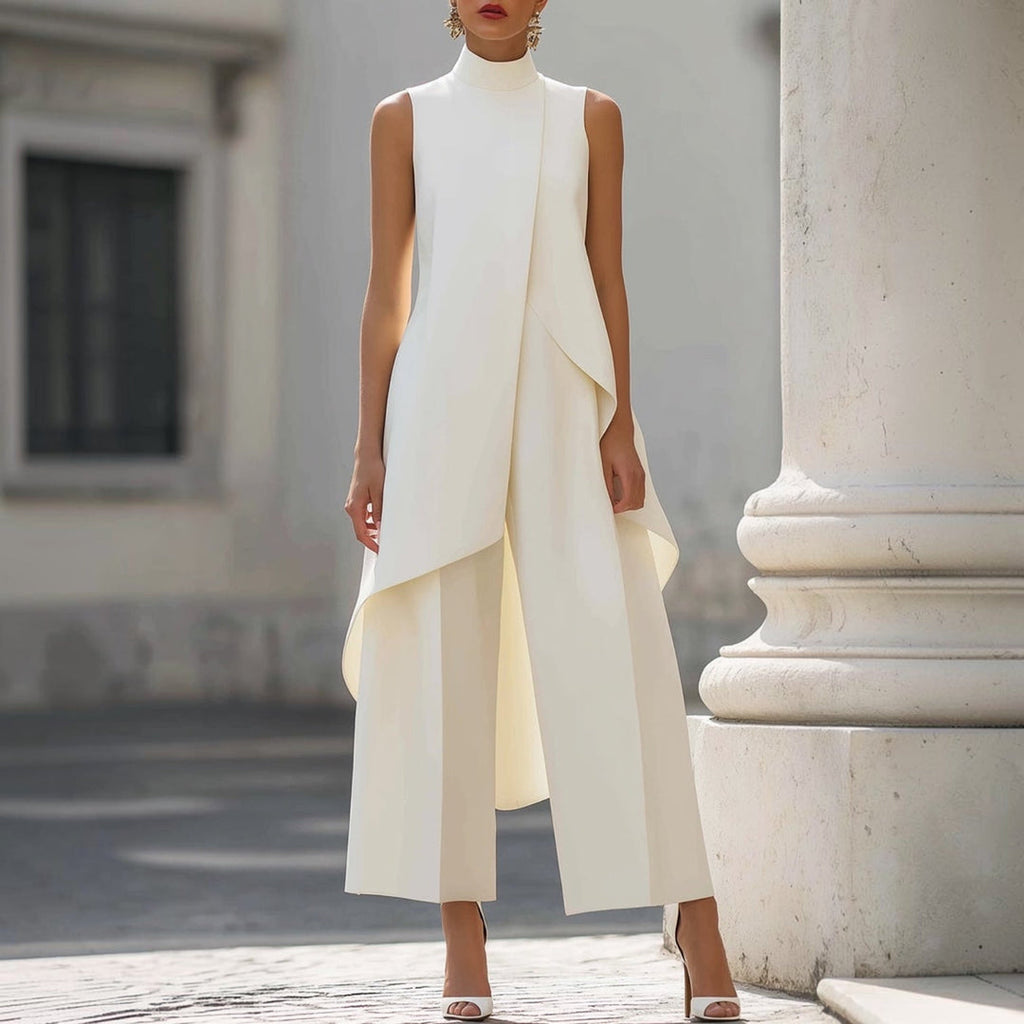 ALGHERO - Tuta elegante con top drappeggiato a collo alto, colore bianco