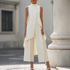 ALGHERO - Tuta elegante con top drappeggiato a collo alto, colore bianco