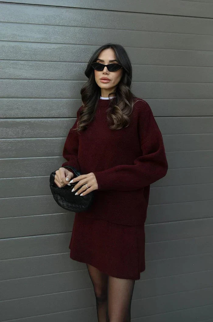 BORMIO - Completo in maglia con maglione e gonna, colore bordeaux