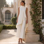 ALGHERO - Tuta elegante con top drappeggiato a collo alto, colore bianco