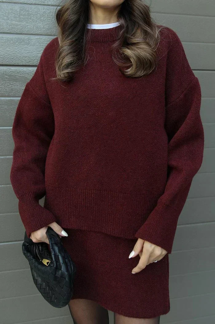 BORMIO - Completo in maglia con maglione e gonna, colore bordeaux
