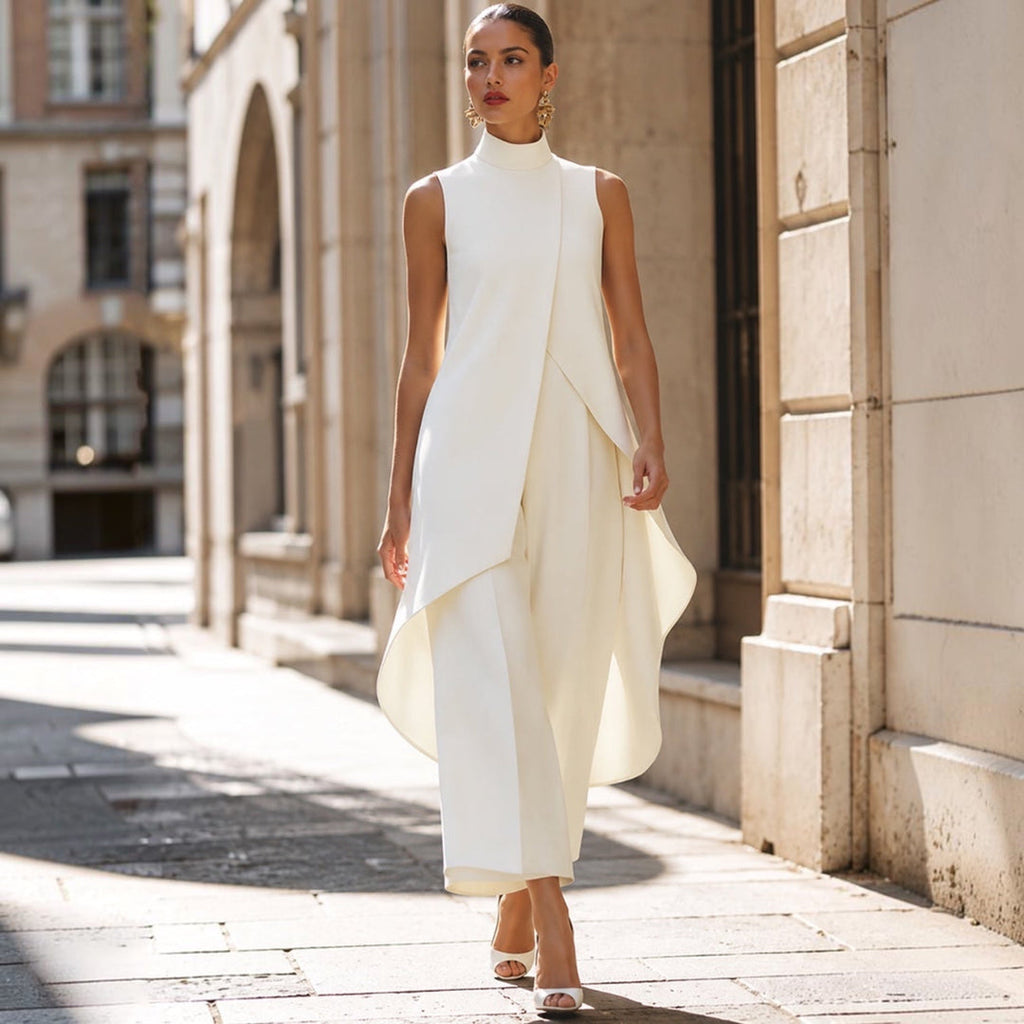ALGHERO - Tuta elegante con top drappeggiato a collo alto, colore bianco