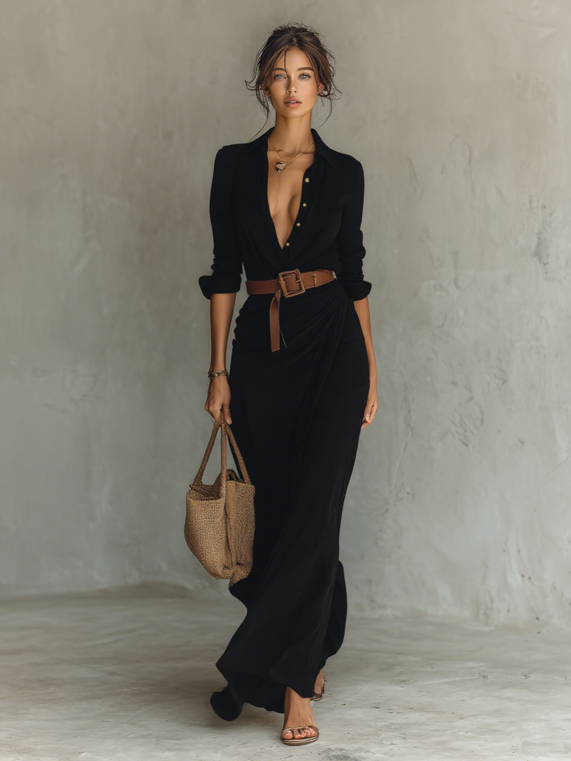 ASOLO - Abito Maxi con Collo Revers e Cintura Donna