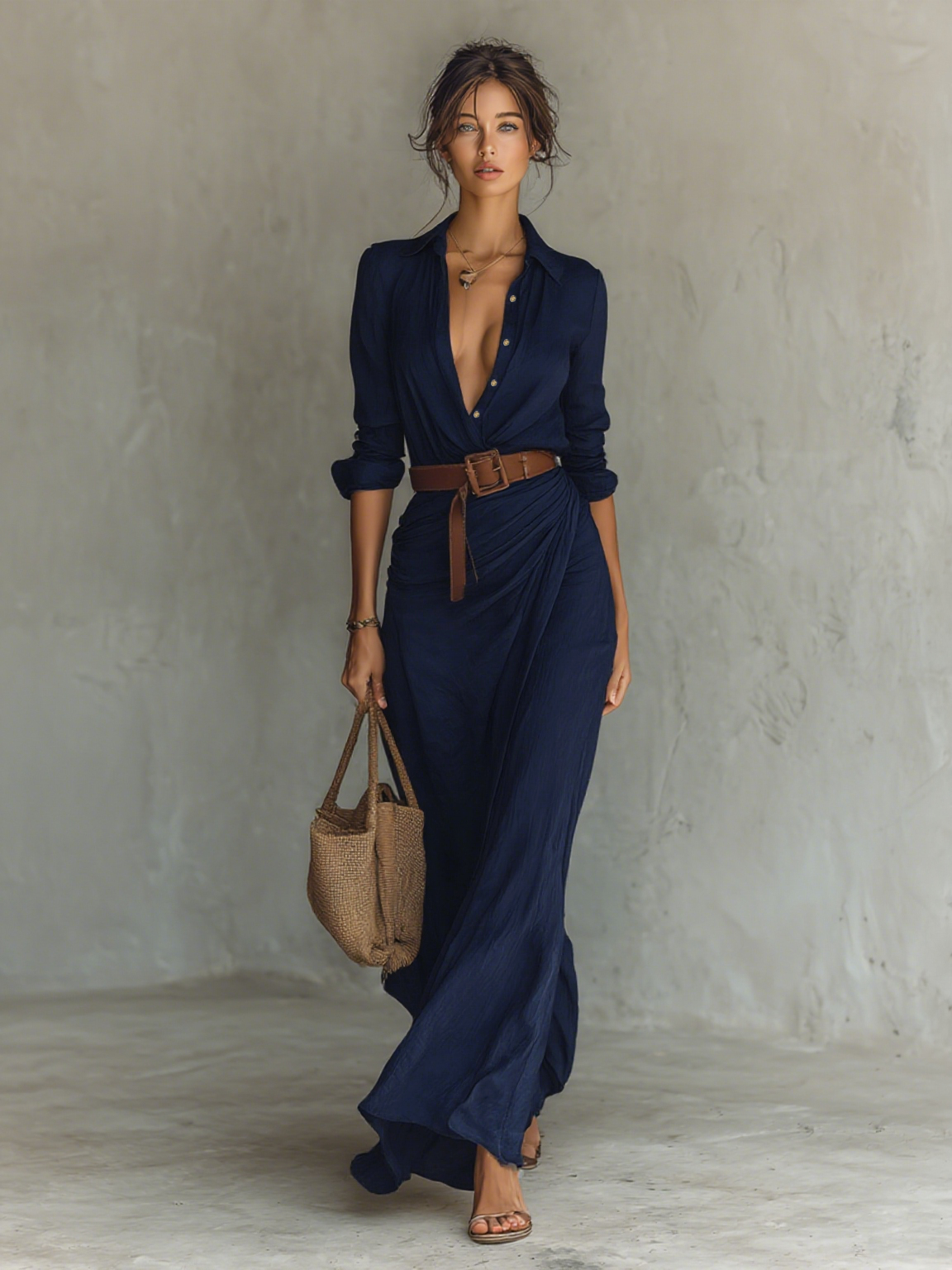 ASOLO - Abito Maxi con Collo Revers e Cintura Donna
