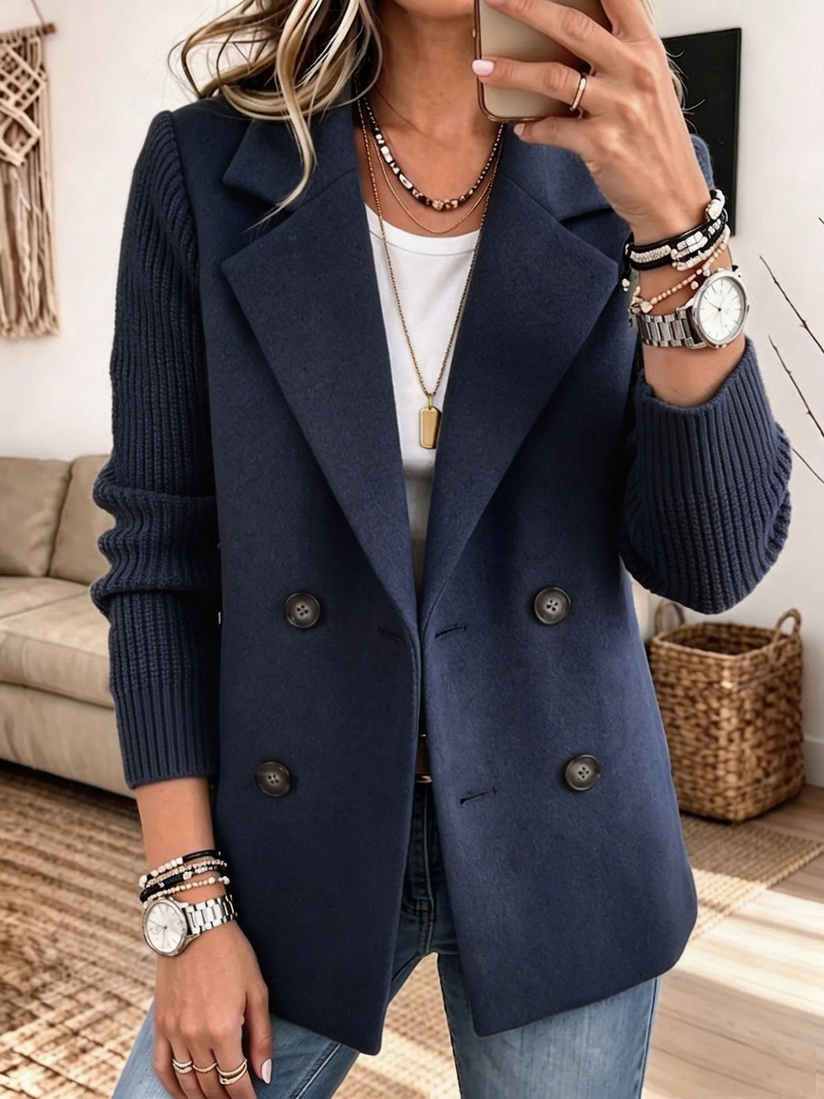 CERNOBBIO - Blazer doppiopetto con maniche in maglia, colore Blu