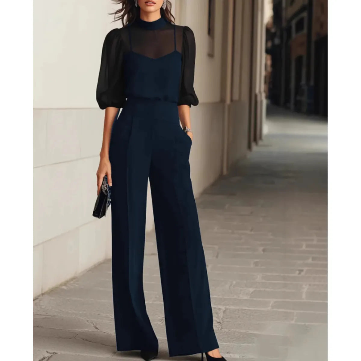 BELLANO - Completo tre pezzi con blusa velata e pantalone ampio, colore Blu Navy