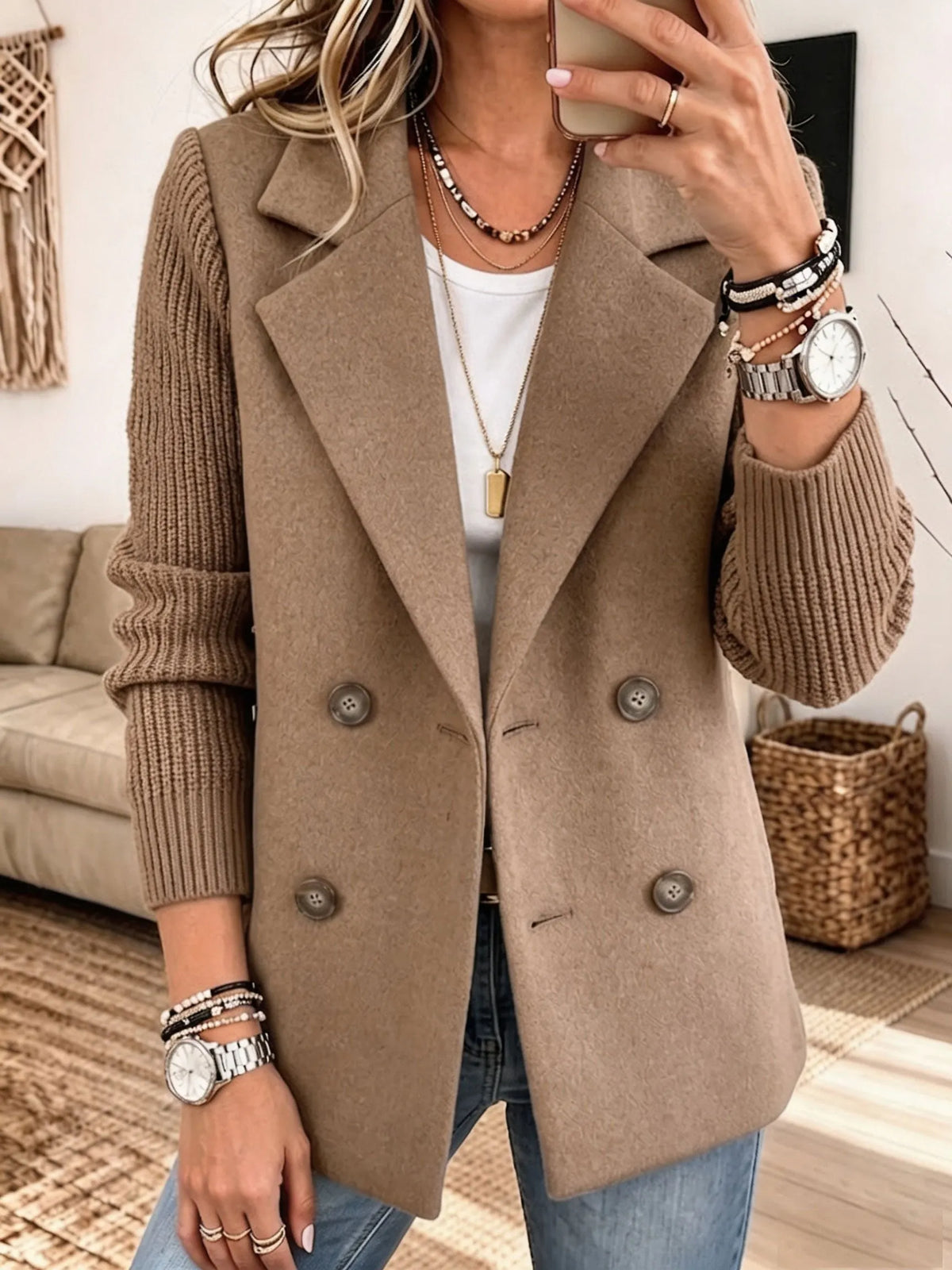 CERNOBBIO - Blazer doppiopetto con maniche in maglia, colore Kaki