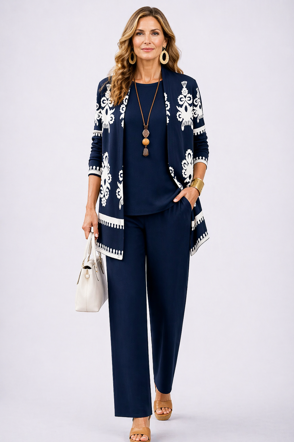 TODI - Completo tre pezzi con cardigan lungo, top e pantalone ampio, colore Blu Notte