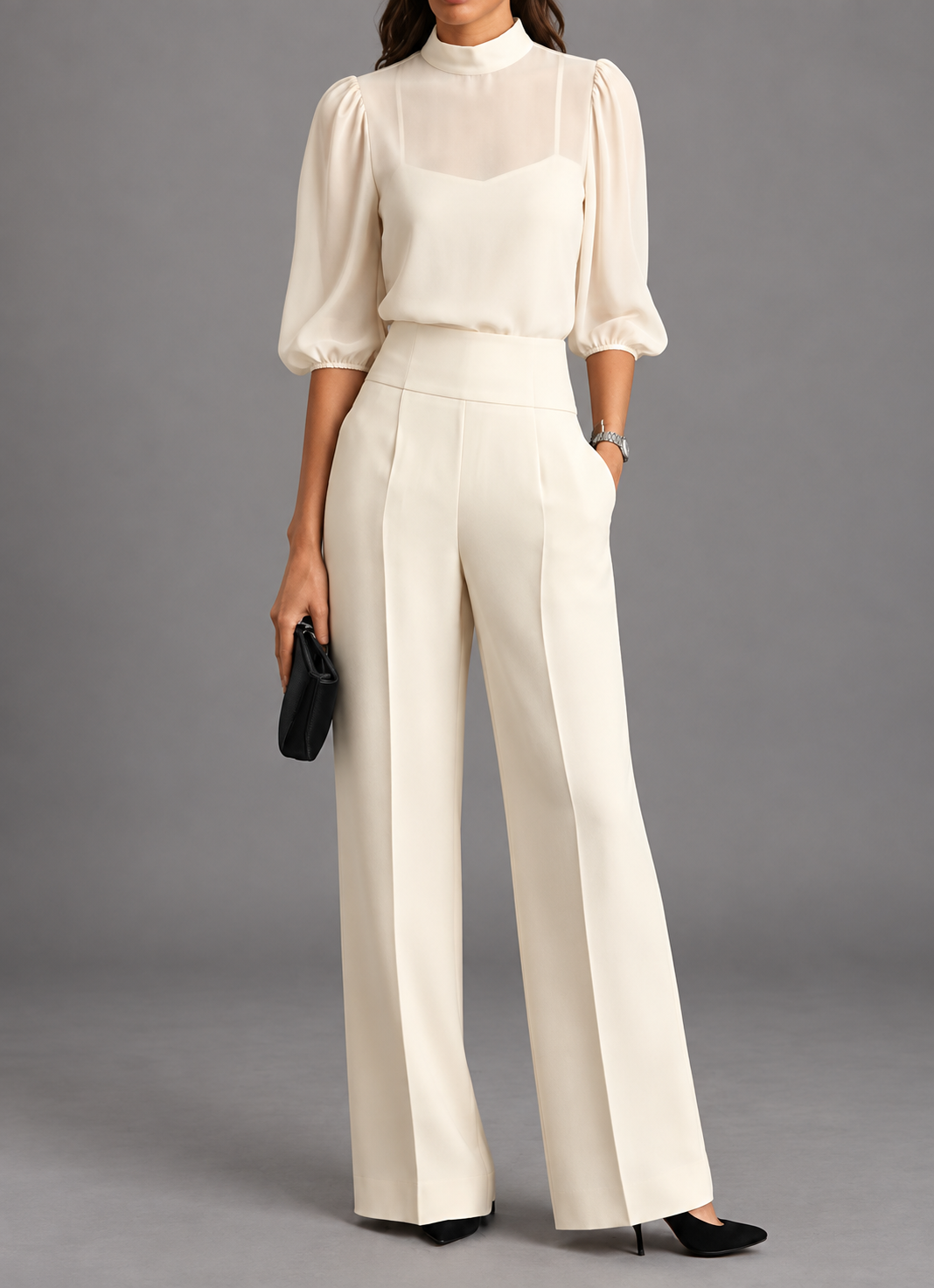 BELLANO - Completo tre pezzi con blusa velata e pantalone ampio, colore Avorio
