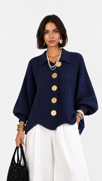 CERVINIA - Cardigan in maglia con maniche a palloncino e bottoni dorati, colore Blu Navy