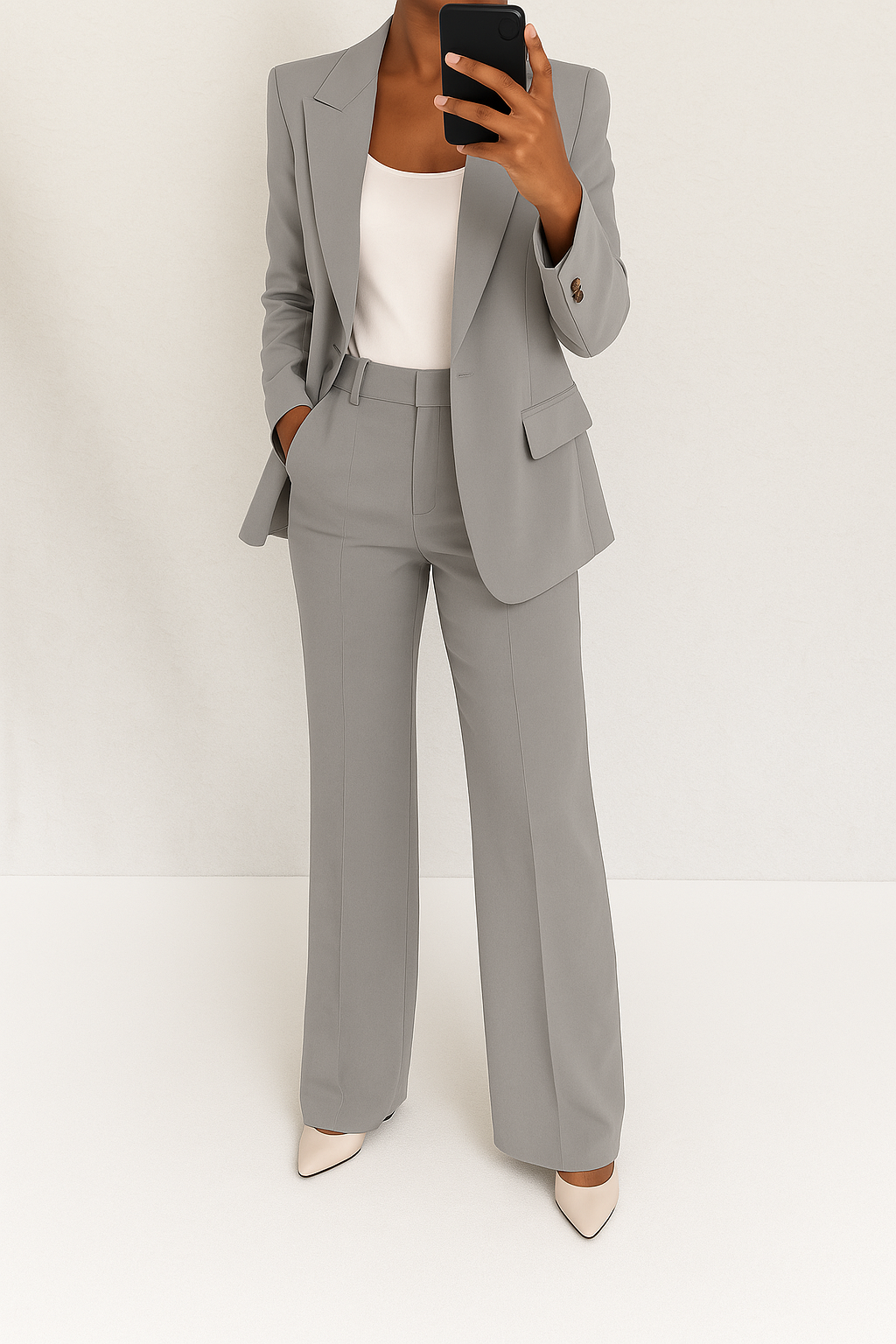MENAGGIO - Tailleur sartoriale con blazer e pantalone svasato, colore Grigio