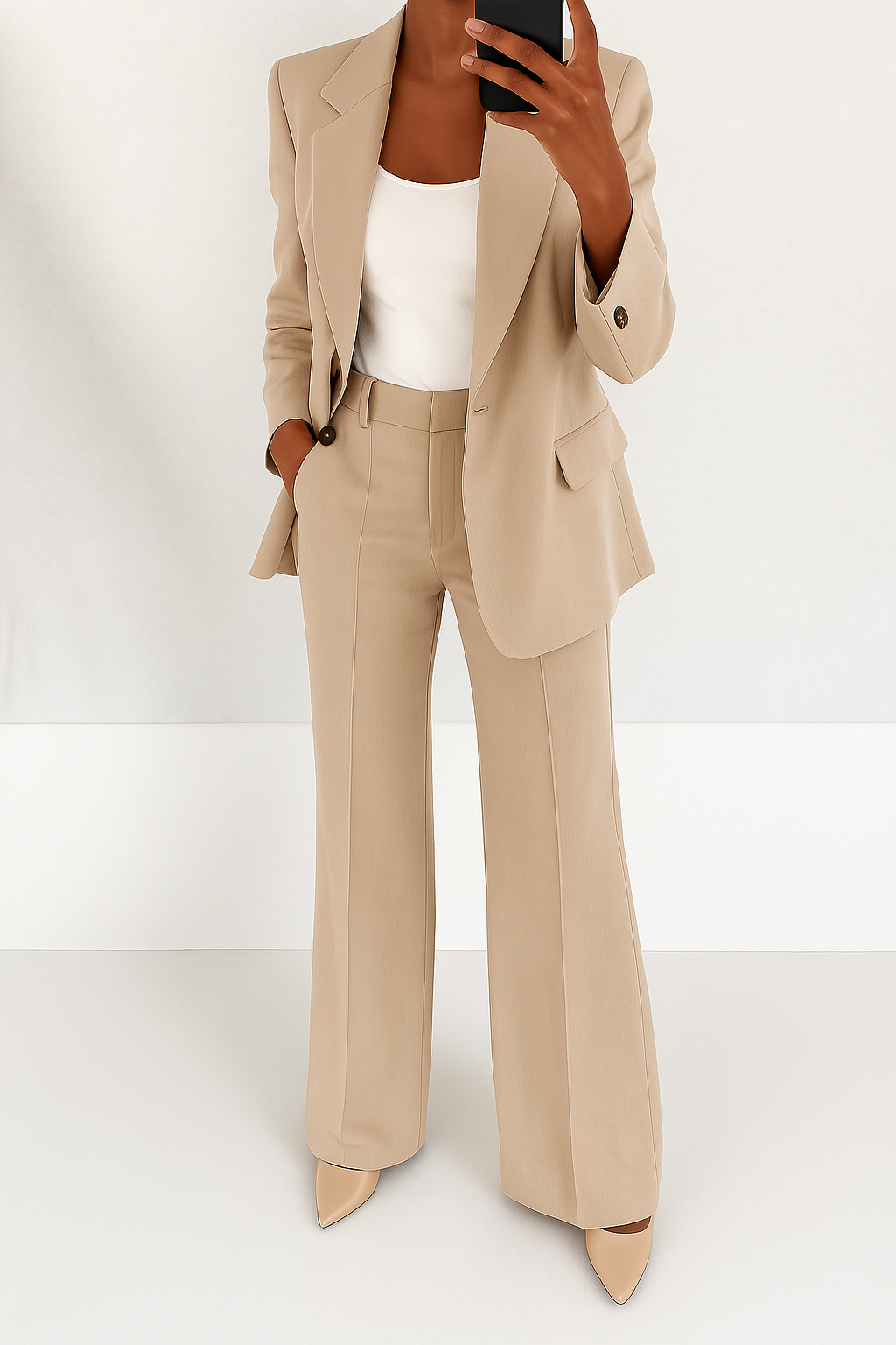 MENAGGIO - Tailleur sartoriale con blazer e pantalone svasato, colore Beige