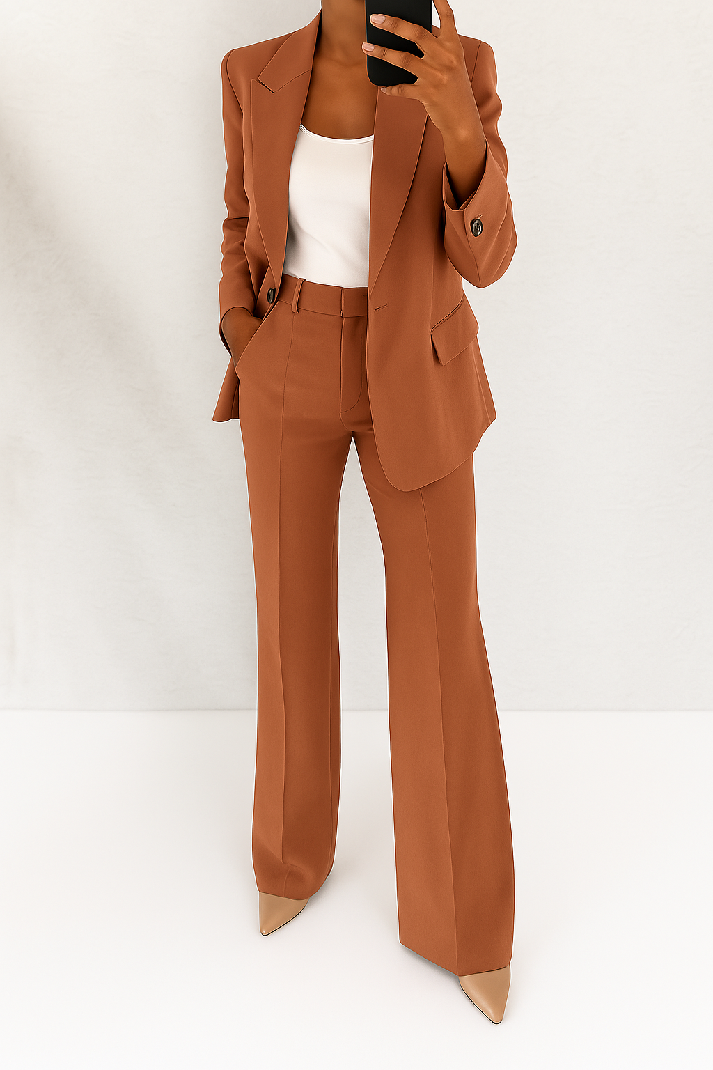 MENAGGIO - Tailleur sartoriale con blazer e pantalone svasato, colore Marrone