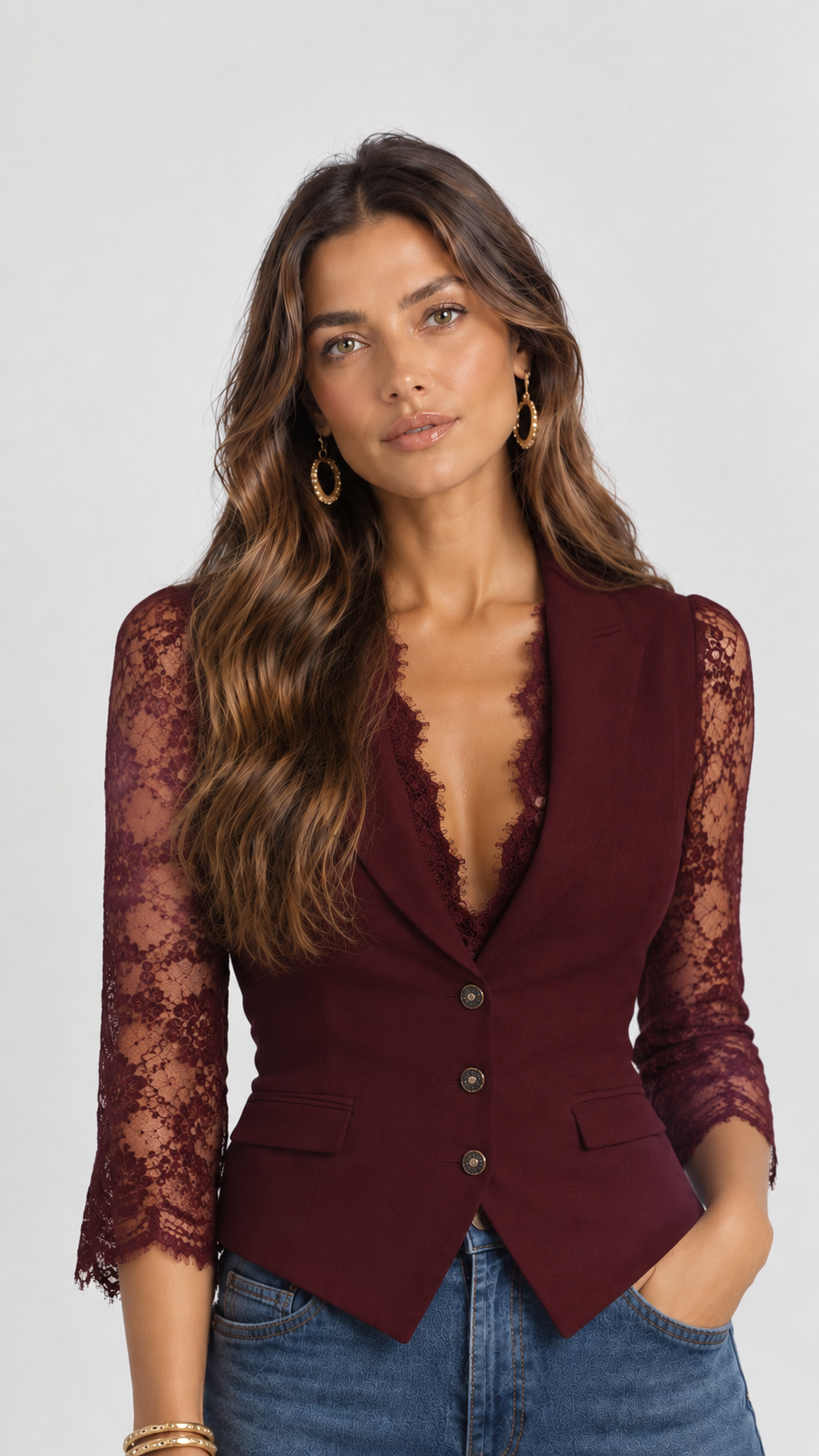 VARENNA - Blazer sciancrato con maniche in pizzo, colore Bordeaux