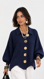 CERVINIA - Cardigan in maglia con bottoni dorati, colore Blu Navy, di lato