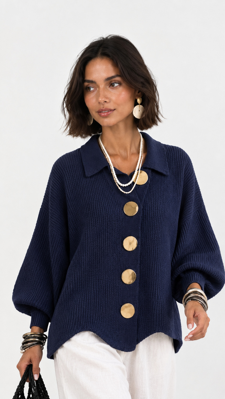 CERVINIA - Cardigan in maglia con bottoni dorati, colore Blu Navy, di lato