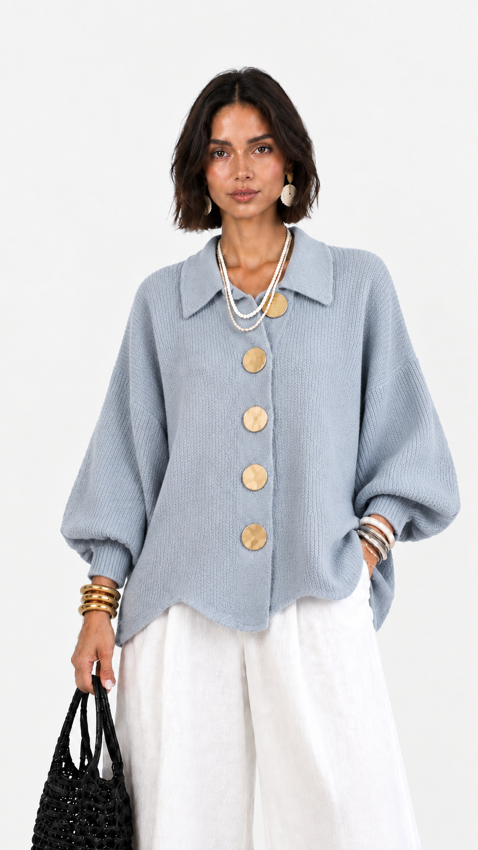 CERVINIA - Cardigan in maglia con maniche a palloncino e bottoni dorati, colore Azzurro