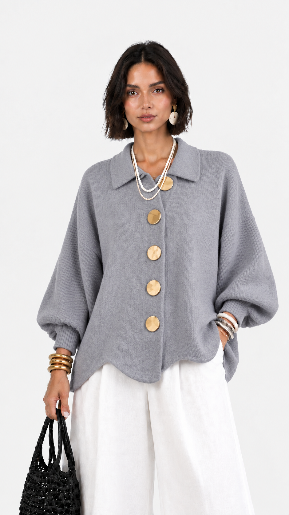 CERVINIA - Cardigan in maglia con maniche a palloncino e bottoni dorati, colore Grigio