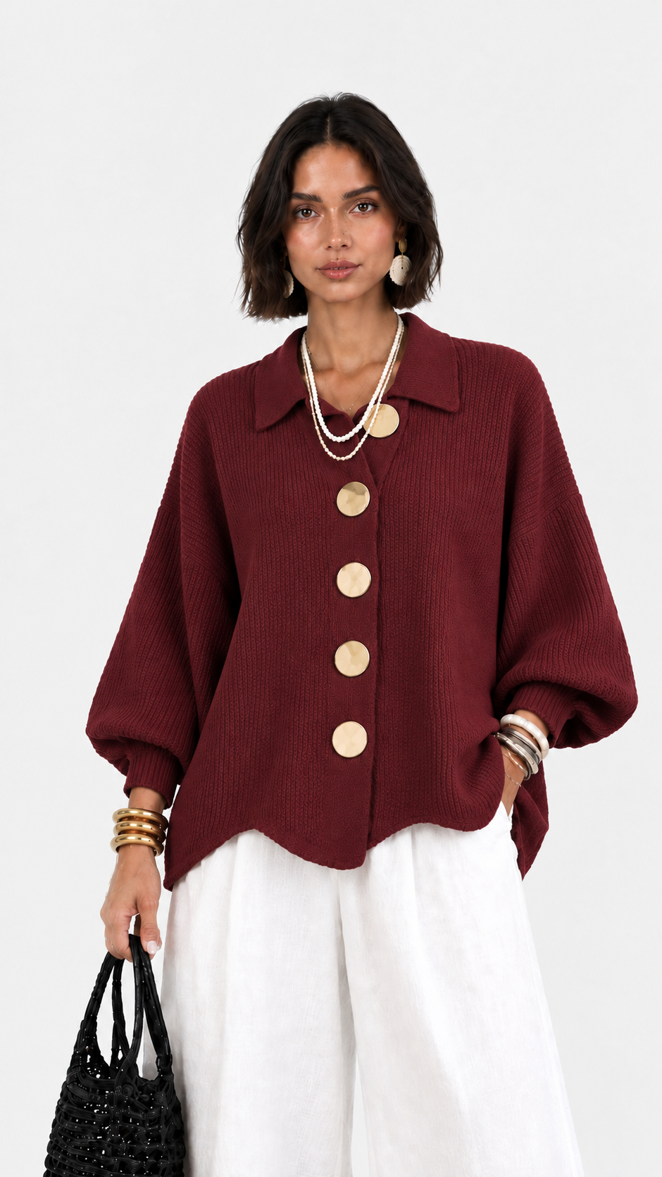 CERVINIA - Cardigan in maglia con maniche a palloncino e bottoni dorati, colore Bordeaux