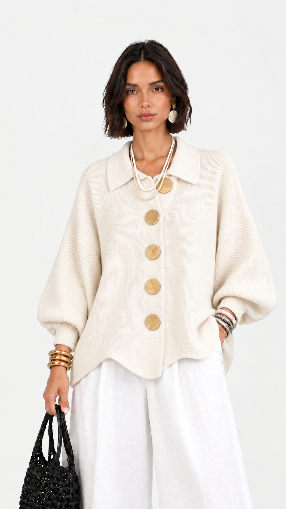 CERVINIA - Cardigan in maglia con maniche a palloncino e bottoni dorati, colore Panna