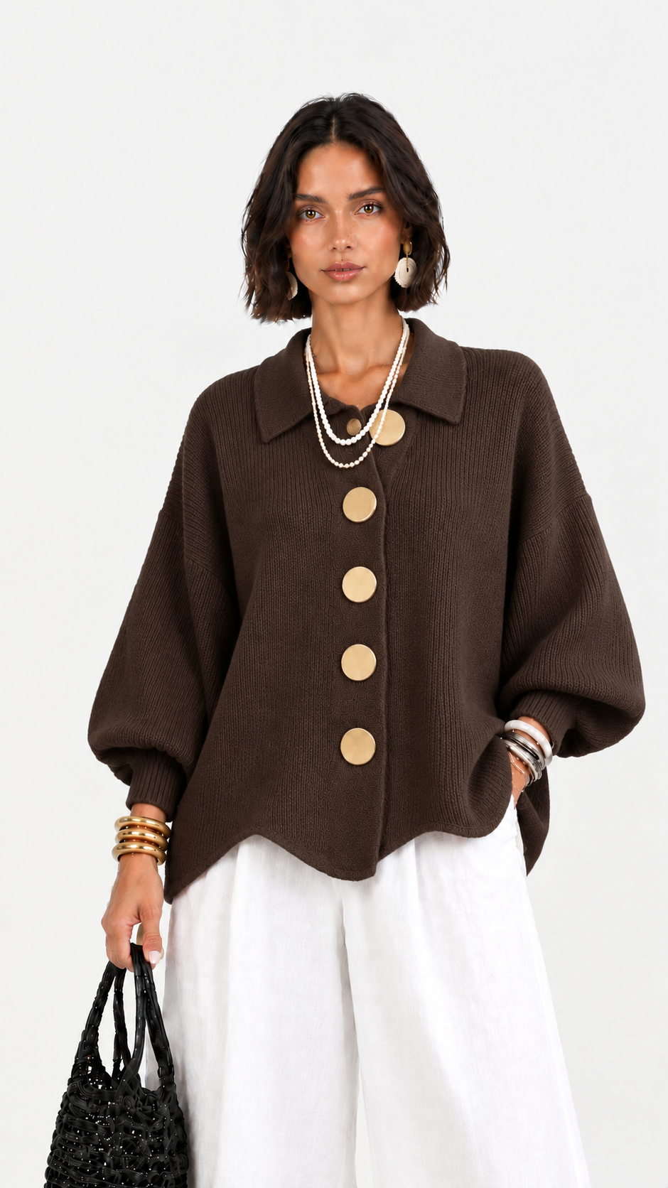 CERVINIA - Cardigan in maglia con maniche a palloncino e bottoni dorati, colore Marrone