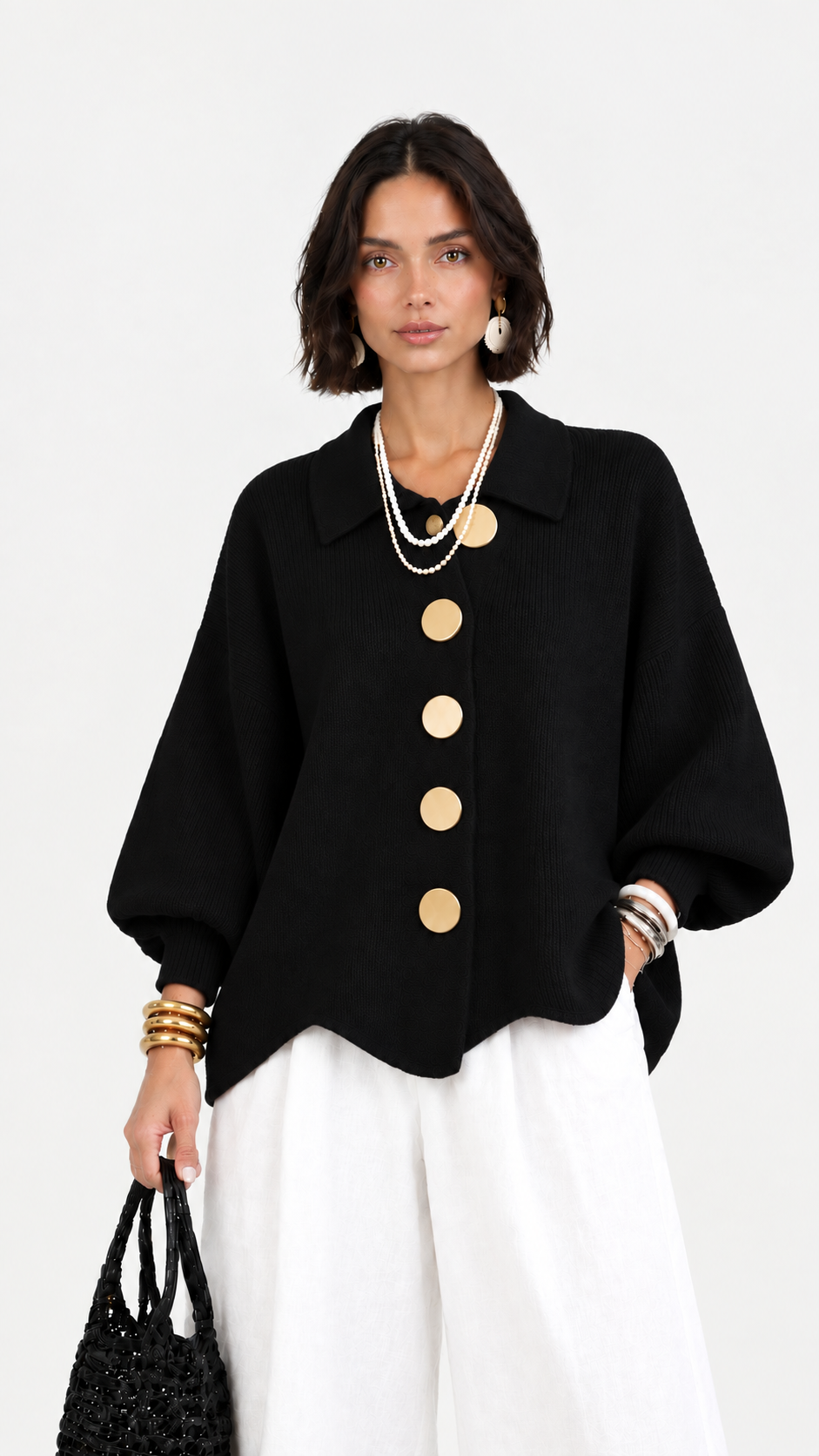 CERVINIA - Cardigan in maglia con maniche a palloncino e bottoni dorati, colore Nero