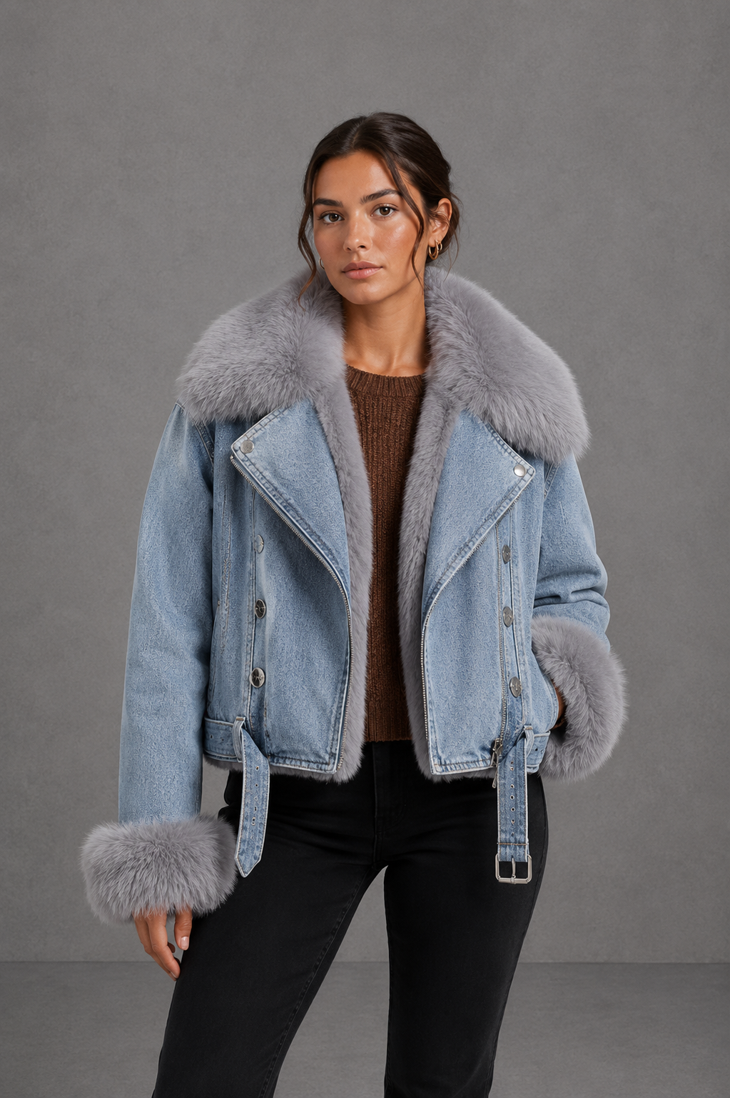 Giacca di Jeans con Pelliccia Sintetica Donna