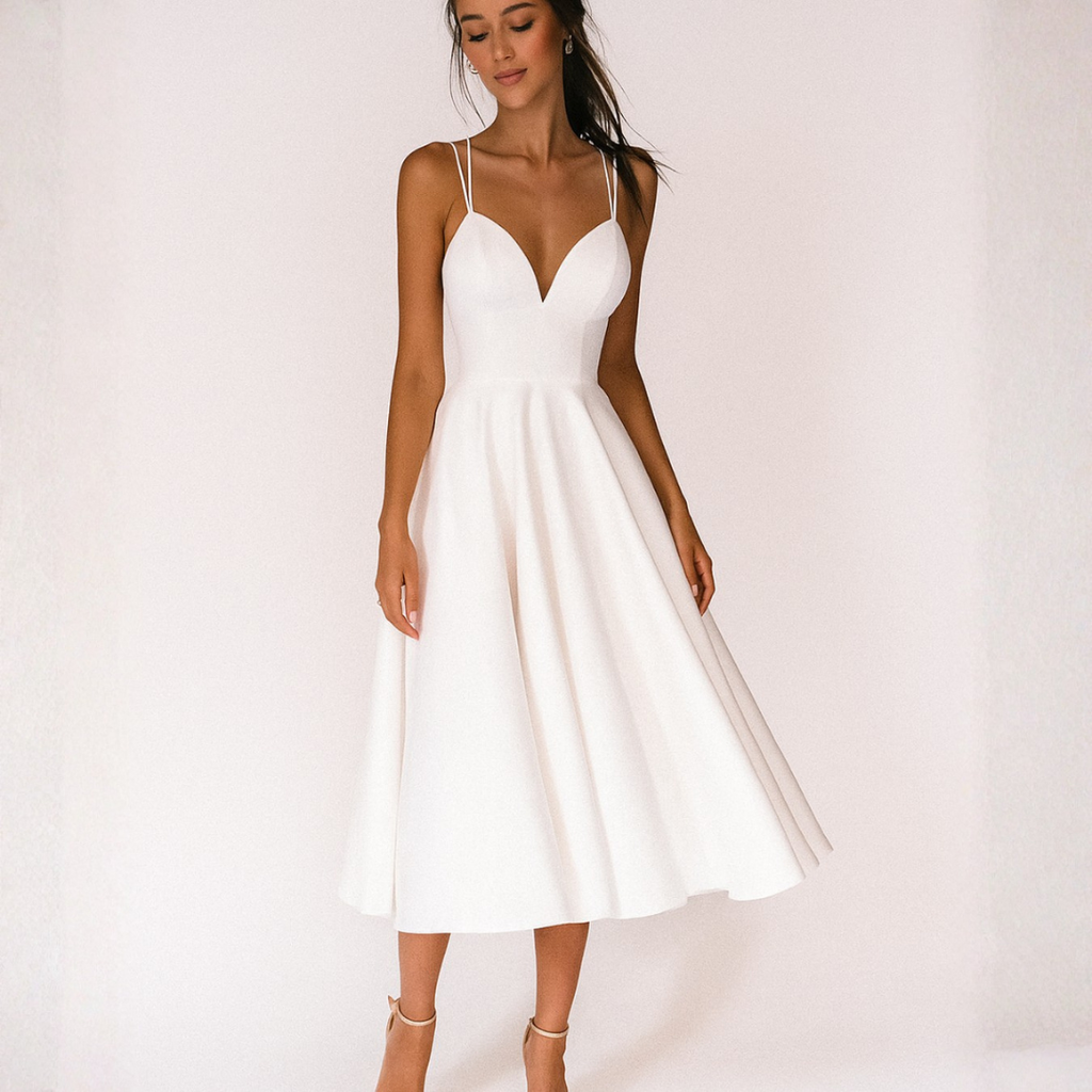 Abito Midi con Spalline per Invitate a Matrimonio Scollo a V Gonna Svasata