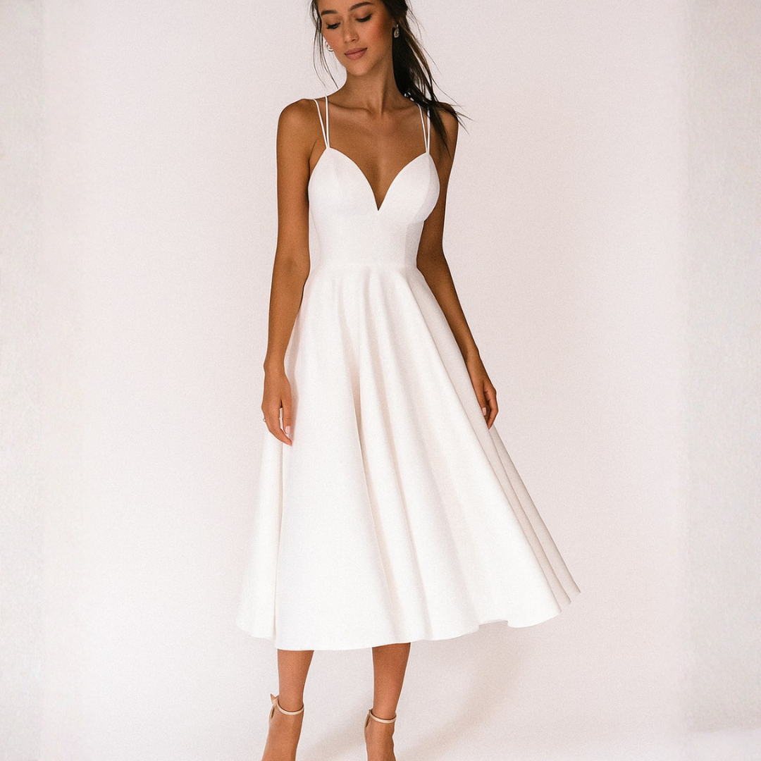 Abito Midi con Spalline per Invitate a Matrimonio Scollo a V Gonna Svasata