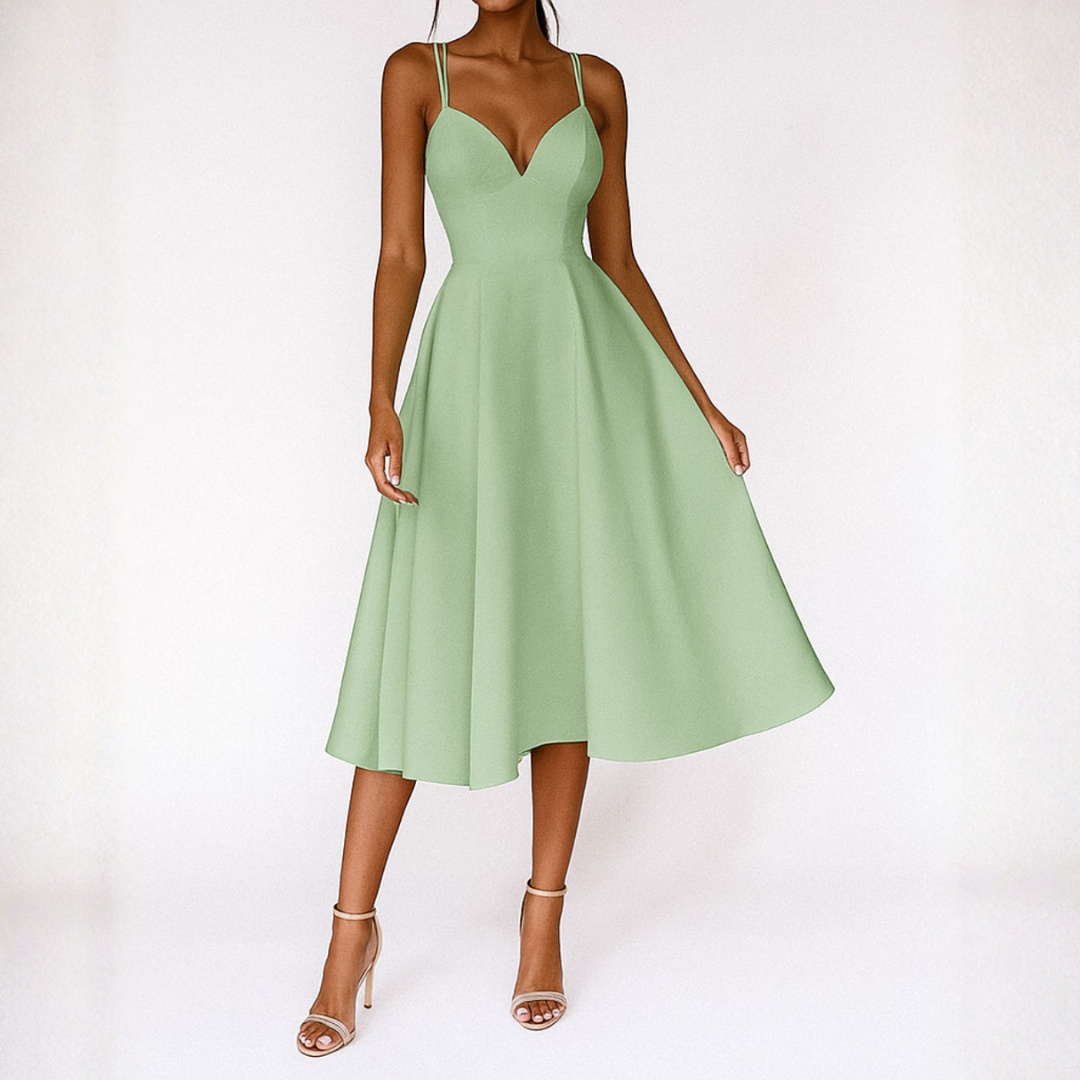 Abito Midi con Spalline per Invitate a Matrimonio Scollo a V Gonna Svasata