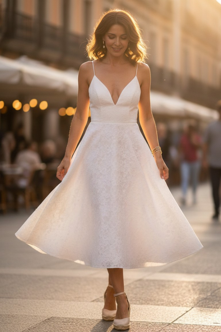 Abito Midi con Spalline per Invitate a Matrimonio Scollo a V Gonna Svasata