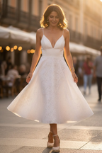 Abito Midi con Spalline per Invitate a Matrimonio Scollo a V Gonna Svasata