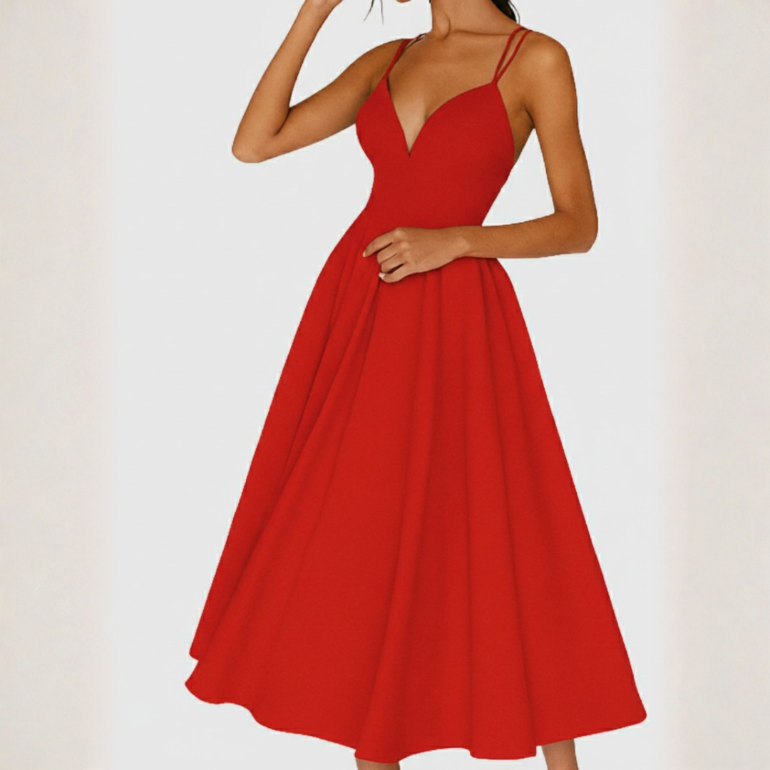 Abito Midi con Spalline per Invitate a Matrimonio Scollo a V Gonna Svasata