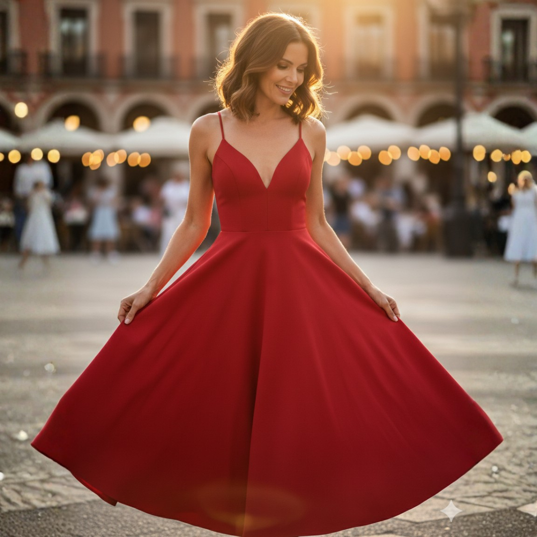 Abito Midi con Spalline per Invitate a Matrimonio Scollo a V Gonna Svasata