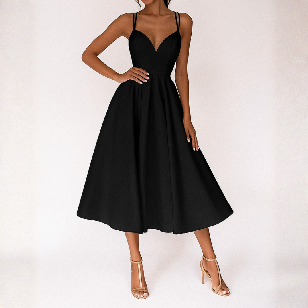 Abito Midi con Spalline per Invitate a Matrimonio Scollo a V Gonna Svasata