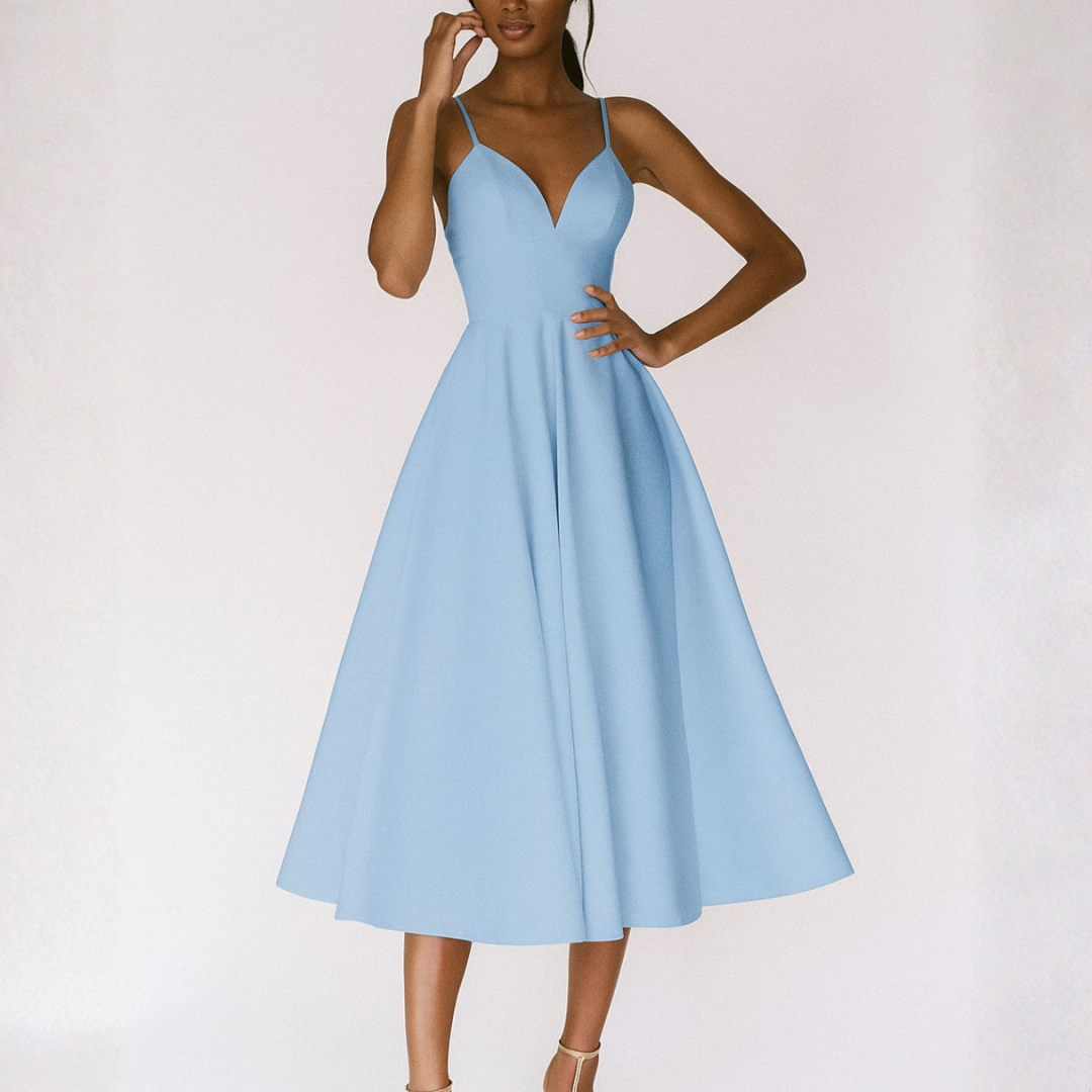 Abito Midi con Spalline per Invitate a Matrimonio Scollo a V Gonna Svasata