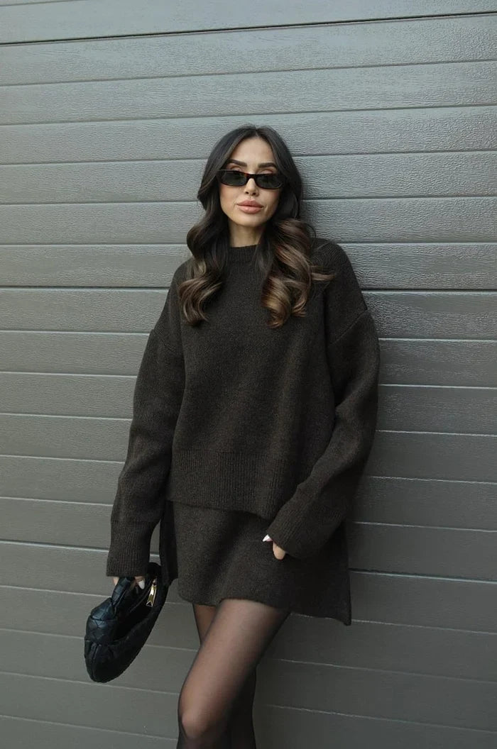 BORMIO - Completo in maglia con maglione e gonna, colore marrone
