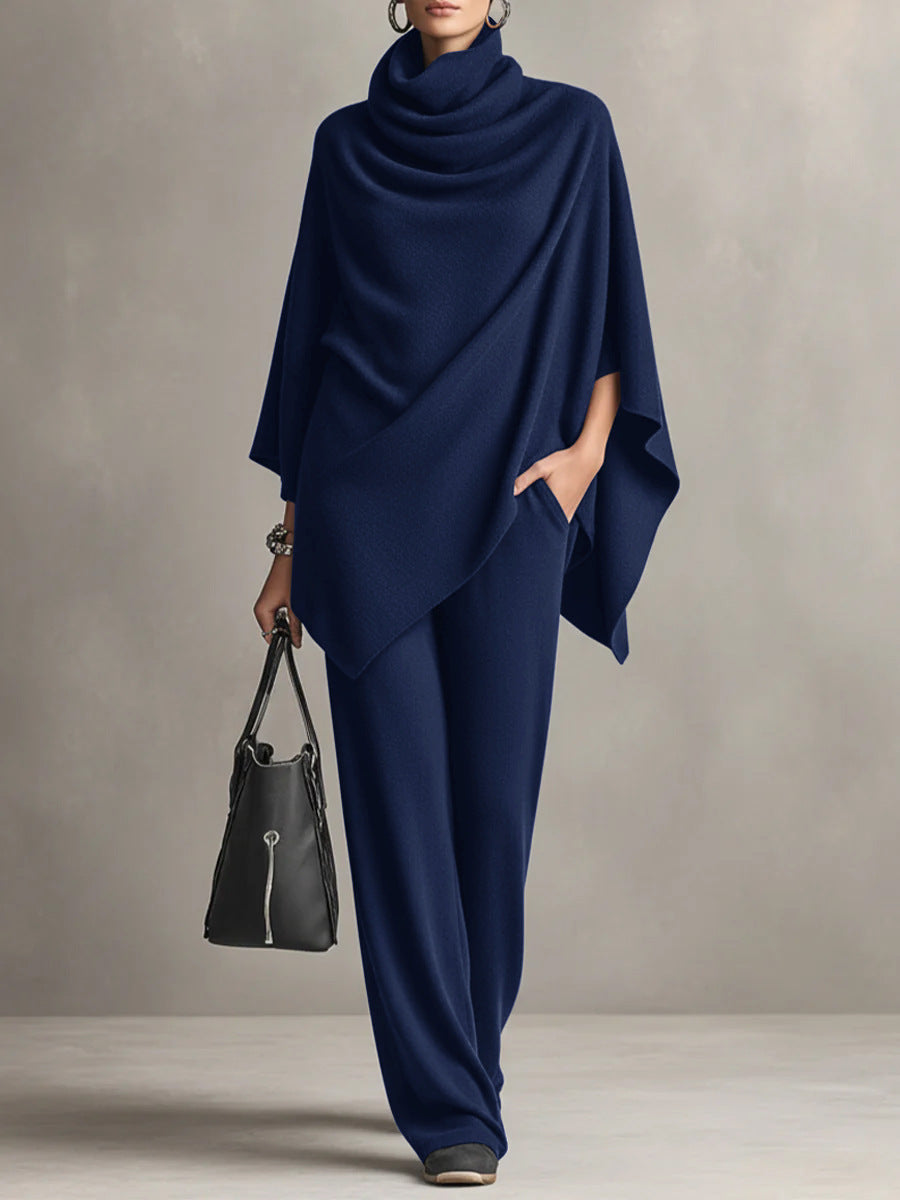 GAETA - Completo con top a mantella a collo alto e pantalone ampio, colore Blu Navy