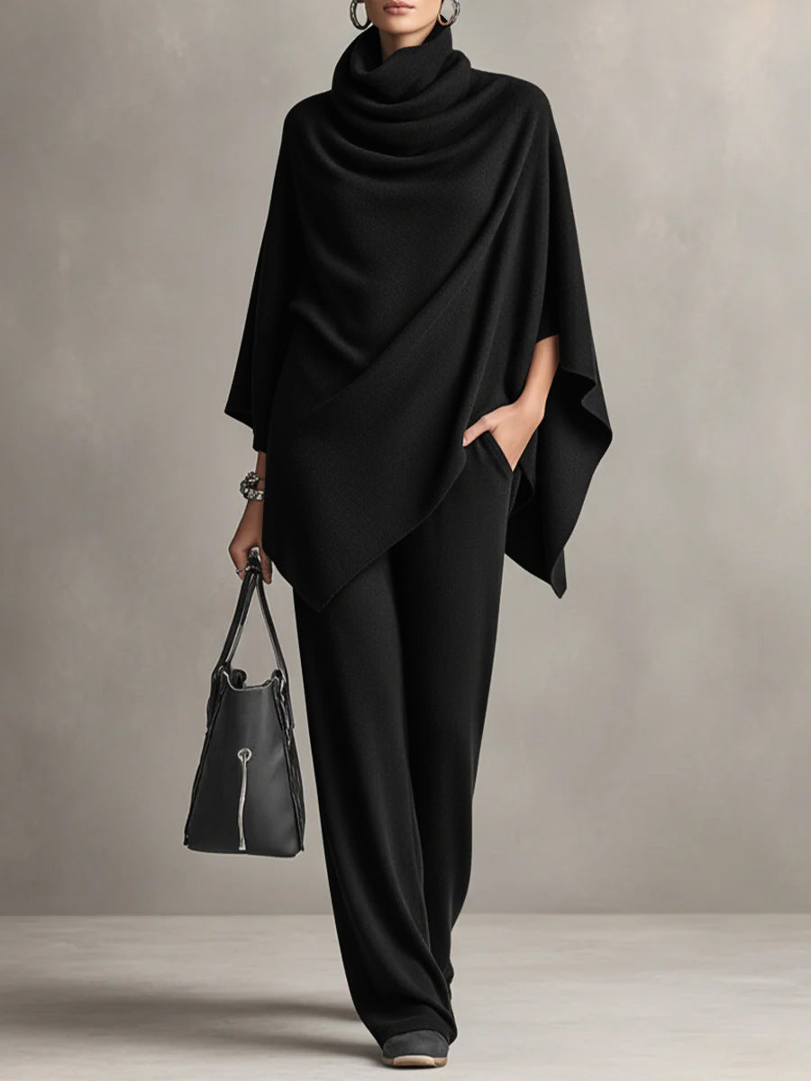 GAETA - Completo con top a mantella a collo alto e pantalone ampio, colore Nero