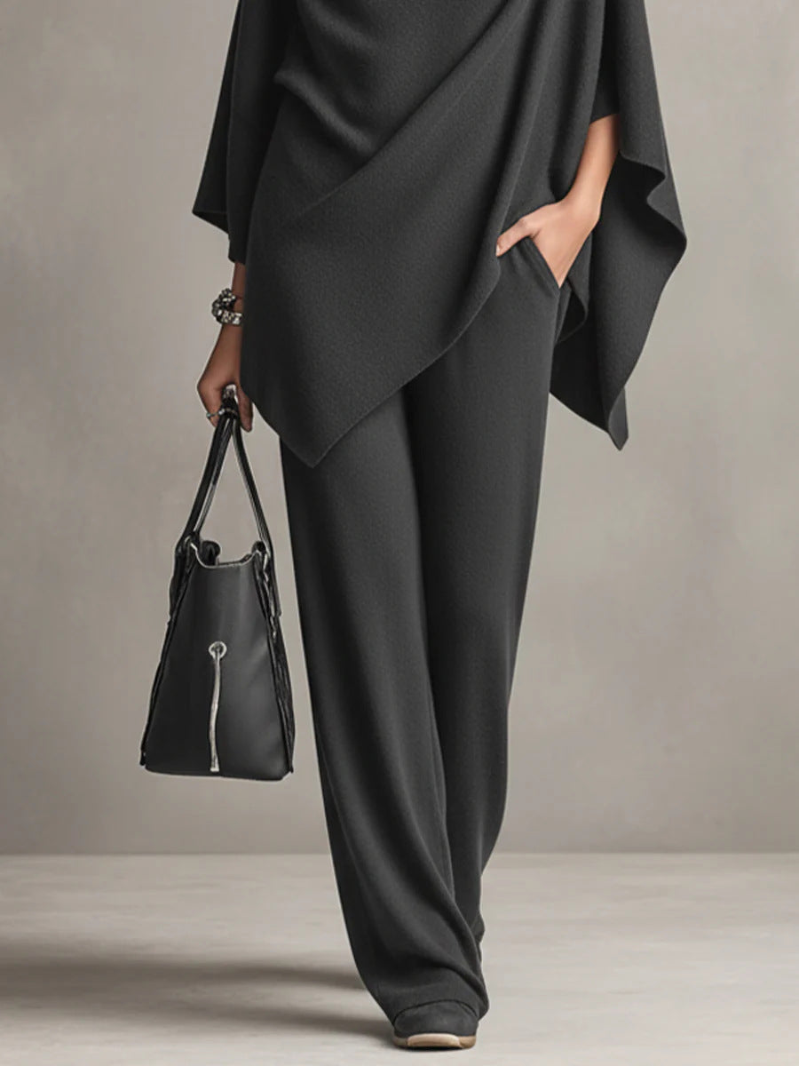 GAETA - Completo con top a mantella a collo alto e pantalone ampio, dettaglio, colore Grigio