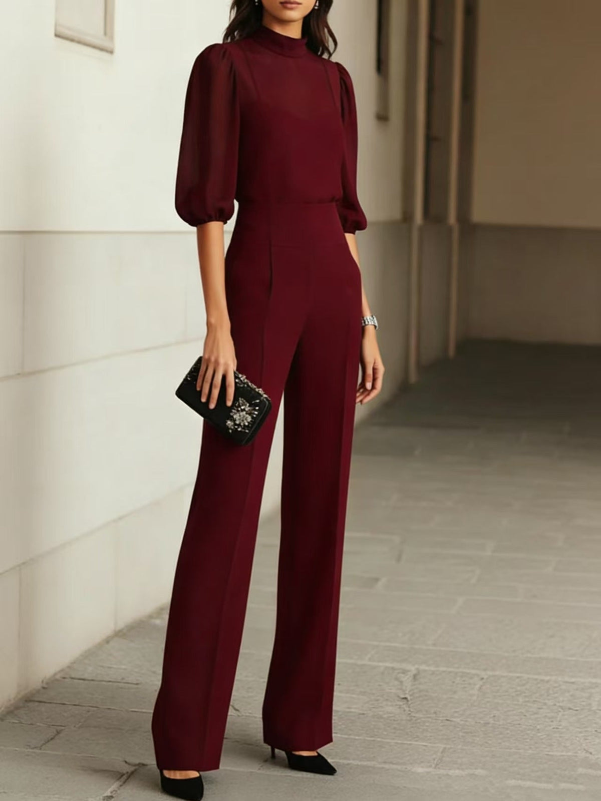 BELLANO - Completo tre pezzi con blusa velata e pantalone ampio, colore Bordeaux