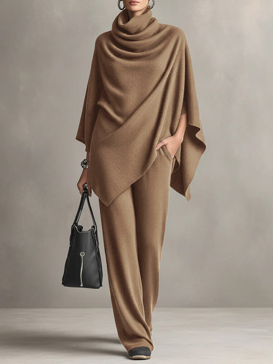 GAETA - Completo con top a mantella a collo alto e pantalone ampio, colore Cachi