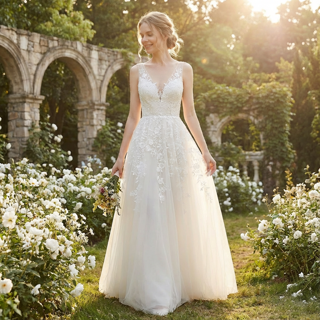 Abito da Sposa Lungo Scollo a V Pizzo Floreale Gonna in Tulle