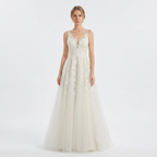 Abito da Sposa Lungo Scollo a V Pizzo Floreale Gonna in Tulle